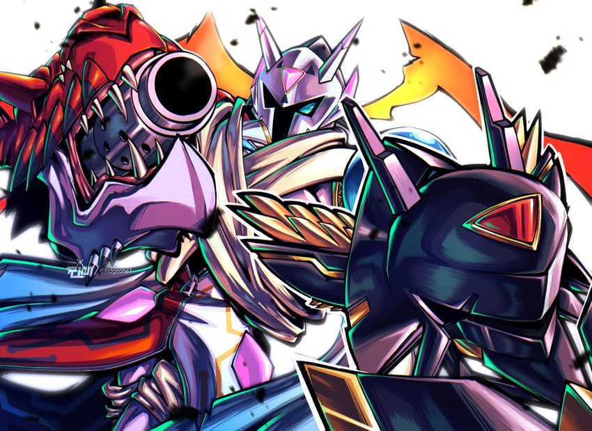 alphamon, alphamon ouryuuken, megidramon, and chaosmon (digimon) drawn by ridgeone