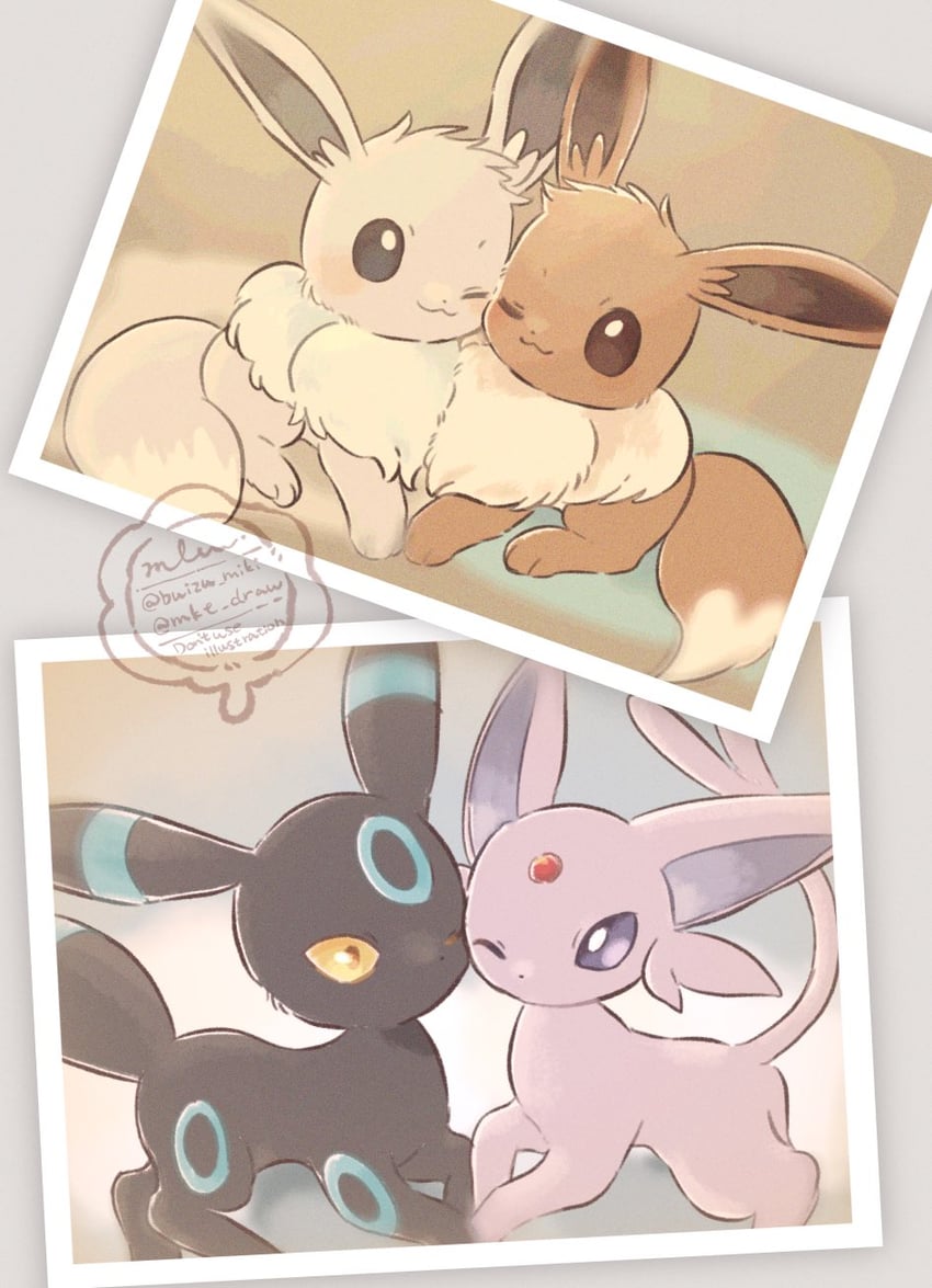 eevee, umbreon, and espeon (pokemon) drawn by mkt_(buizu-miki)