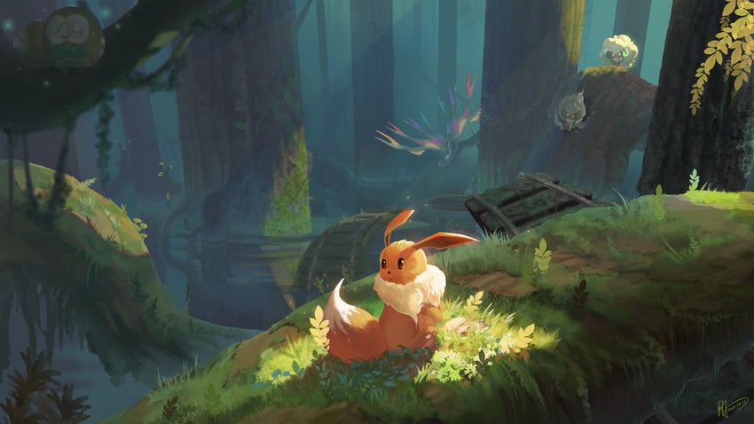 eevee, rowlet, umbreon, whimsicott, and xerneas (pokemon) drawn by lostfantasy