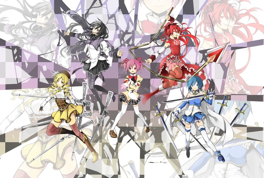 akemi homura, kaname madoka, miki sayaka, sakura kyoko, tomoe mami, and 1 more (mahou shoujo madoka magica) drawn by vanish-crow