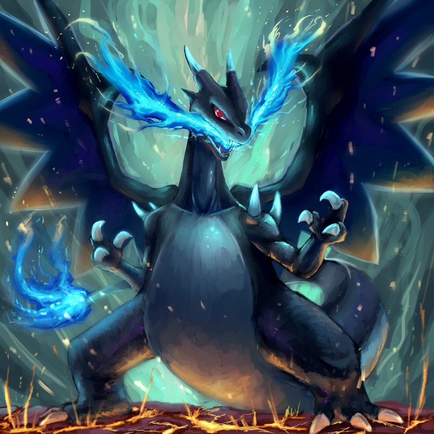 charizard and mega charizard x (pokemon) drawn by tesshii_(riza4828)
