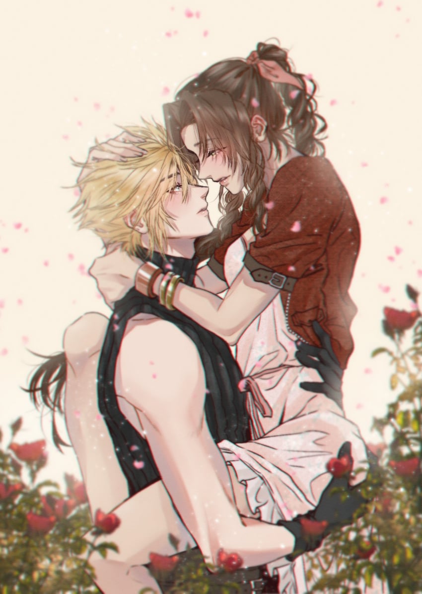 cloud strife and aerith gainsborough (final fantasy and 2 more) drawn by poffg_7