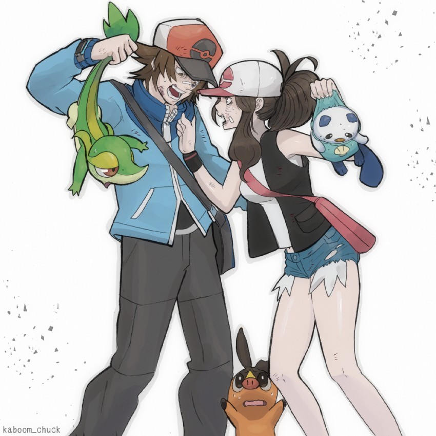 hilda, hilbert, oshawott, snivy, and tepig (pokemon and 1 more) drawn by kab00m_chuck
