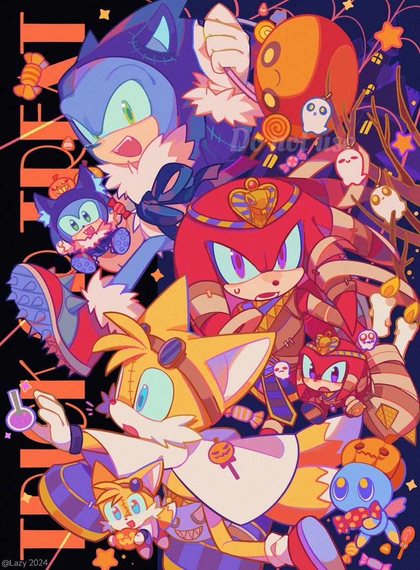 sonic the hedgehog, tails, knuckles the echidna, neutral chao, and sonic the werehog (sonic and 2 more) drawn by lazy_kun