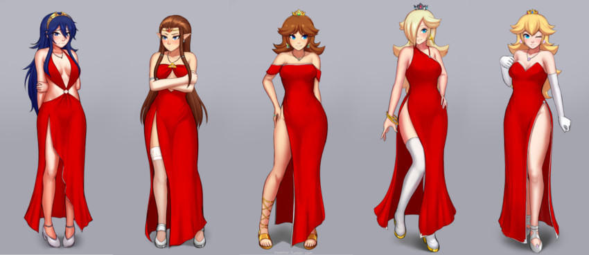 princess zelda, princess peach, lucina, rosalina, and princess daisy (fire emblem and 6 more) drawn by razalor