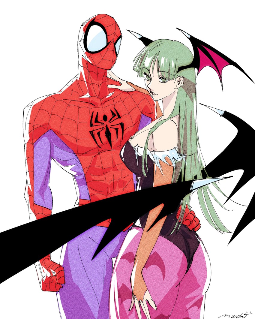 morrigan aensland and spider-man (marvel and 3 more) drawn by machipachi1901