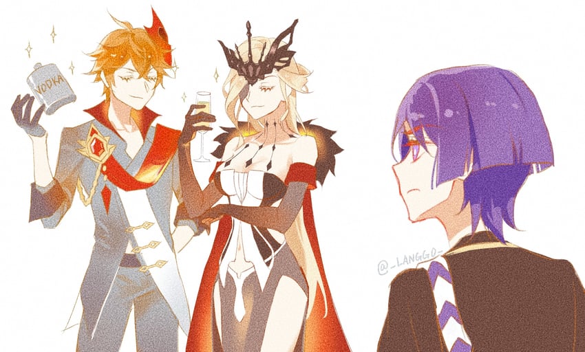 scaramouche, tartaglia, and signora (genshin impact) drawn by langgo
