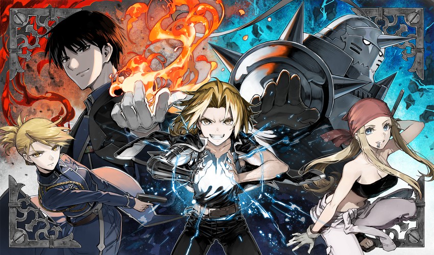 edward elric, alphonse elric, winry rockbell, riza hawkeye, and roy mustang (fullmetal alchemist) drawn by minakata_sunao