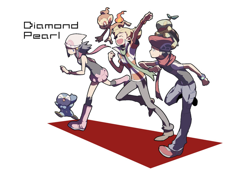dawn, piplup, lucas, barry, turtwig, and 1 more (pokemon and 1 more) drawn by domu_(hamadura)