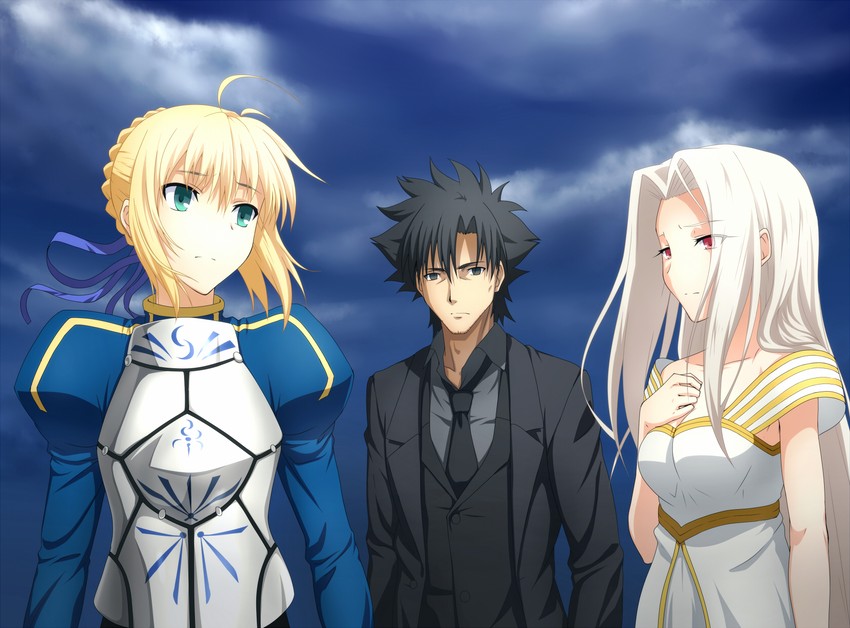 artoria pendragon, saber, emiya kiritsugu, and irisviel von einzbern (fate and 1 more) drawn by iyakun