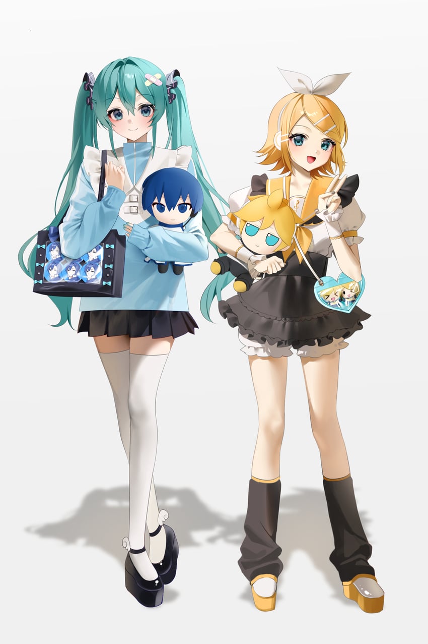 hatsune miku, kagamine rin, kagamine len, and kaito (vocaloid) drawn by emduck