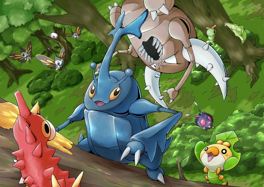 caterpie, beautifly, metapod, heracross, sewaddle, and 4 more (pokemon) drawn by q-chan