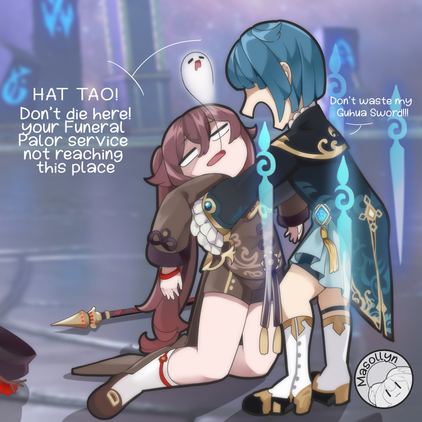 hu tao, boo tao, and xingqiu (genshin impact) drawn by masollyn