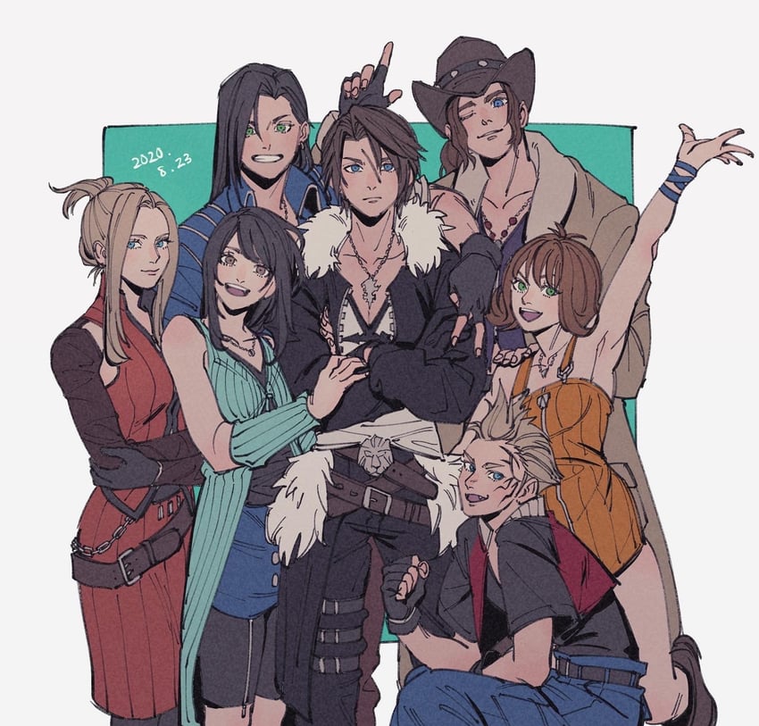 squall leonhart, rinoa heartilly, selphie tilmitt, laguna loire, quistis trepe, and 2 more (final fantasy and 1 more) drawn by oimo_(oimkimn)
