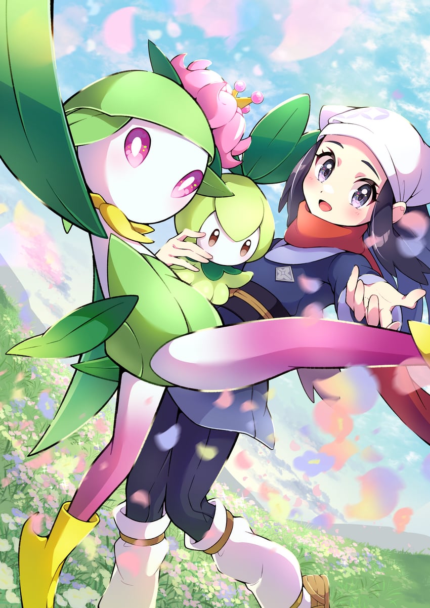 akari, petilil, and hisuian lilligant (pokemon and 1 more) drawn by pon_yui