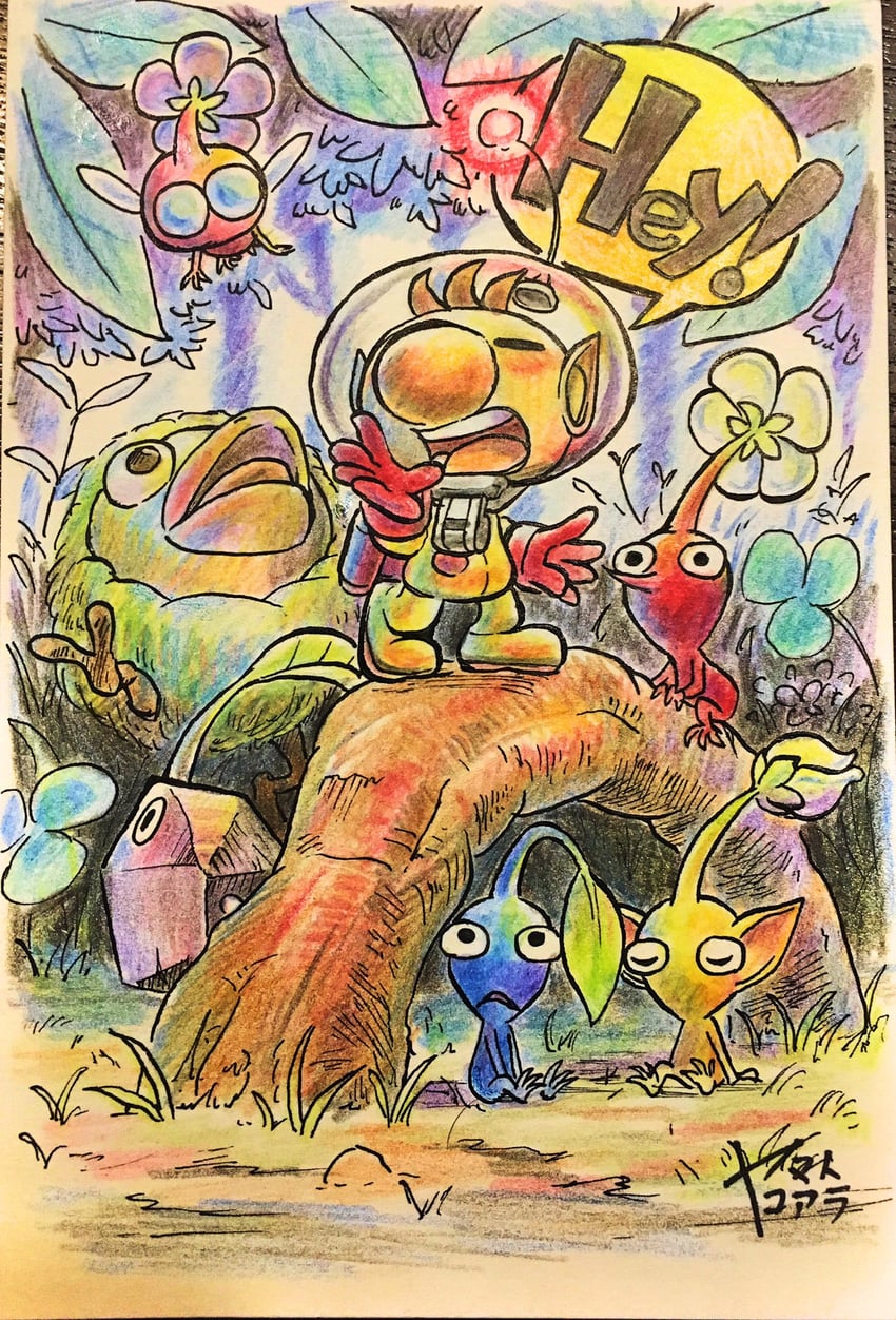 red pikmin, olimar, yellow pikmin, blue pikmin, winged pikmin, and 2 more (pikmin and 1 more) drawn by yamato_koara
