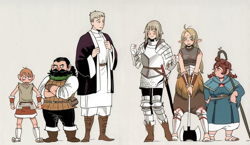 marcille donato, falin touden, laios touden, senshi, chilchuck tims, and 1 more (dungeon meshi) drawn by kui_ryouko