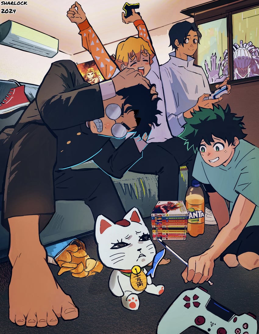 midoriya izuku, takakura ken, agatsuma zenitsu, okkotsu yuuta, turbo granny, and 1 more (boku no hero academia and 3 more) drawn by sharl0ck