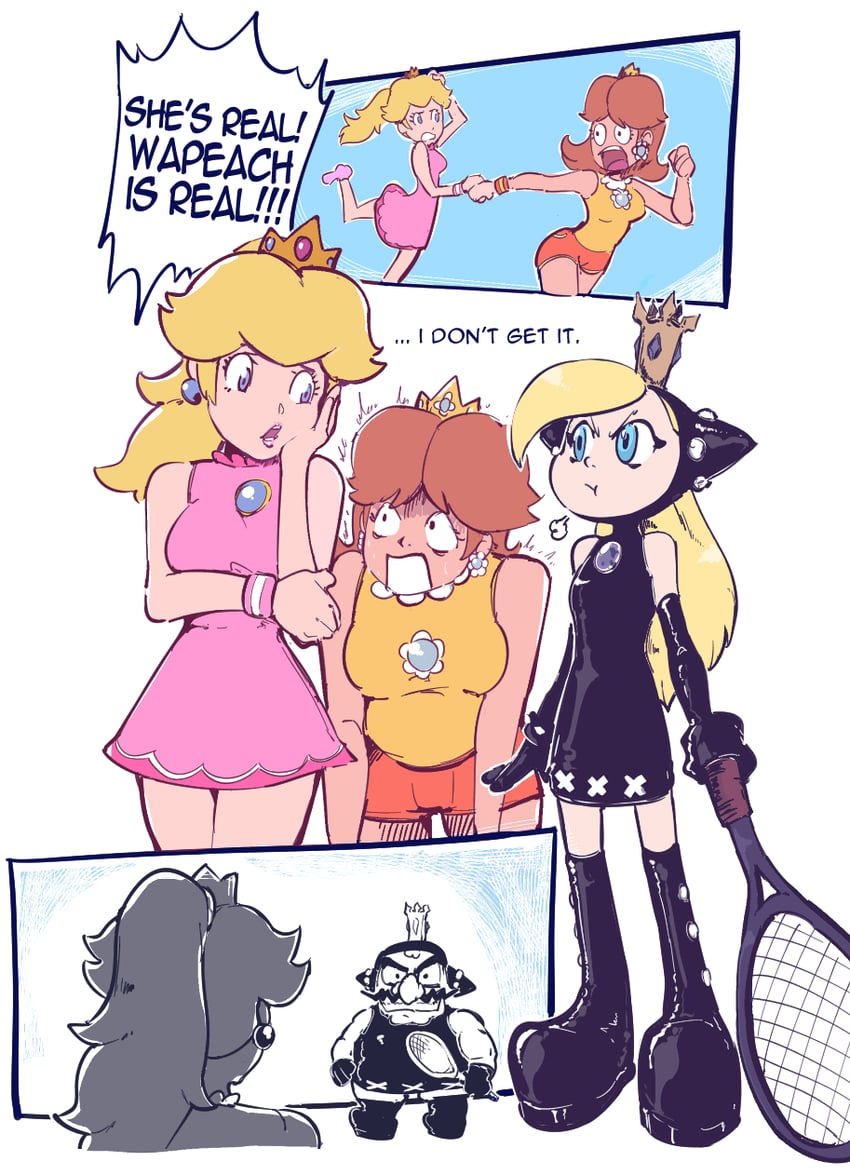 princess peach, princess daisy, wario, and warupeach (mario and 3 more) drawn by plow_(witch_parfait)