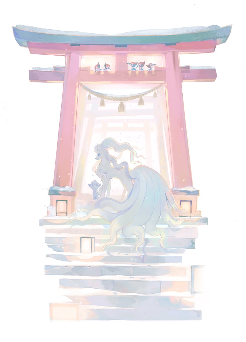alolan vulpix, alolan ninetales, and pikipek (pokemon) drawn by gigigimimi