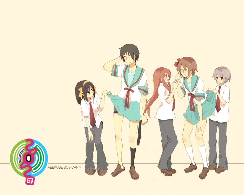 suzumiya haruhi, nagato yuki, asahina mikuru, kyon, and koizumi itsuki (suzumiya haruhi no yuuutsu)