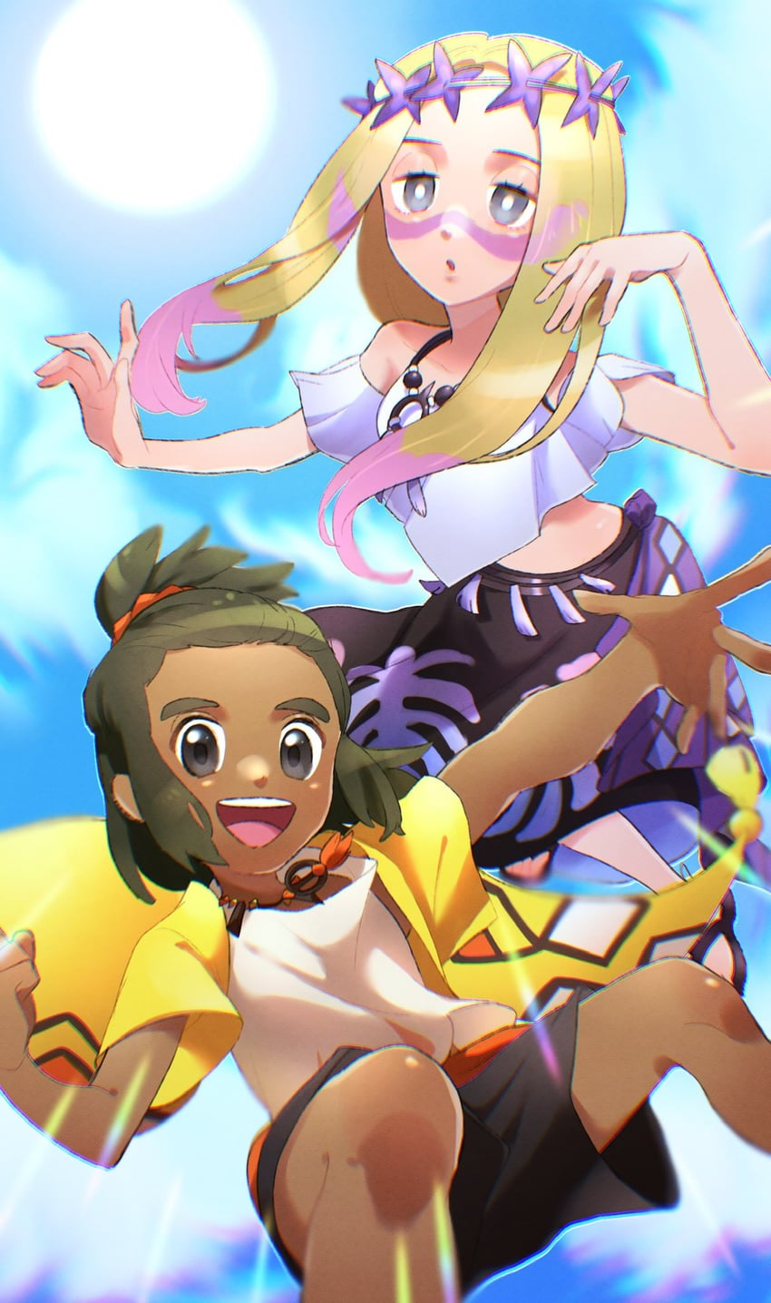 hau and mina (pokemon and 1 more) drawn by aria_pkmn