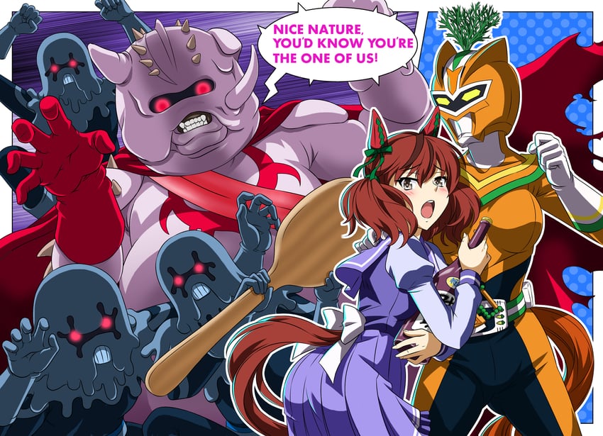 nice nature, maeda kaori, carrotman, and lardron the grease monster (umamusume) drawn by umajiri_gyuunyuu