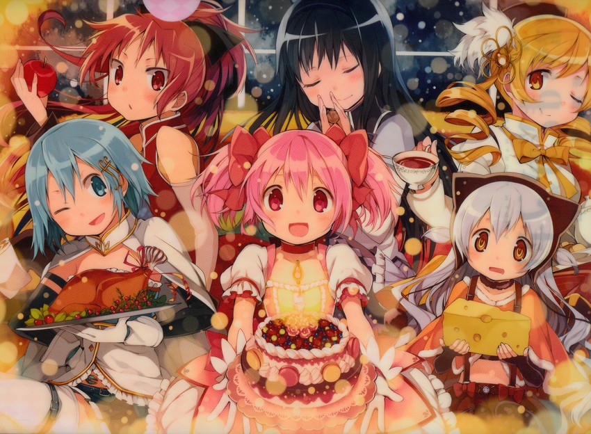 akemi homura, kaname madoka, miki sayaka, sakura kyoko, tomoe mami, and 1 more (mahou shoujo madoka magica and 1 more) drawn by hanokage