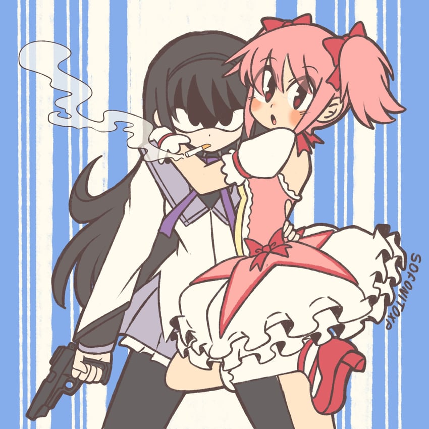 akemi homura and kaname madoka (mahou shoujo madoka magica) drawn by sofo_soup