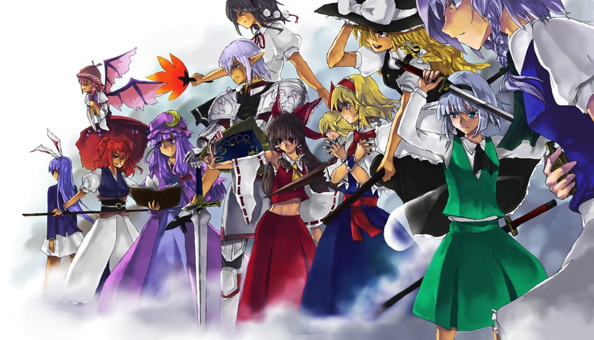 hakurei reimu, kirisame marisa, izayoi sakuya, konpaku youmu, alice margatroid, and 7 more (touhou and 3 more) drawn by uo_(sisamo)