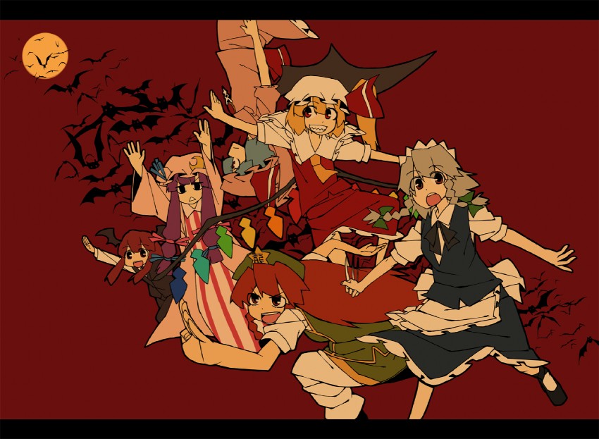remilia scarlet, flandre scarlet, izayoi sakuya, patchouli knowledge, hong meiling, and 1 more (touhou and 1 more) drawn by yaza