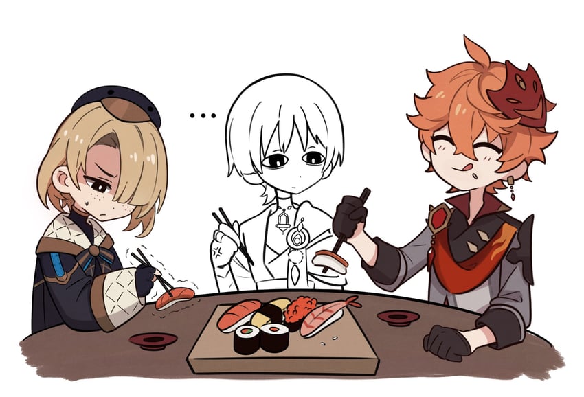 scaramouche, tartaglia, and freminet (genshin impact) drawn by yagimi0n