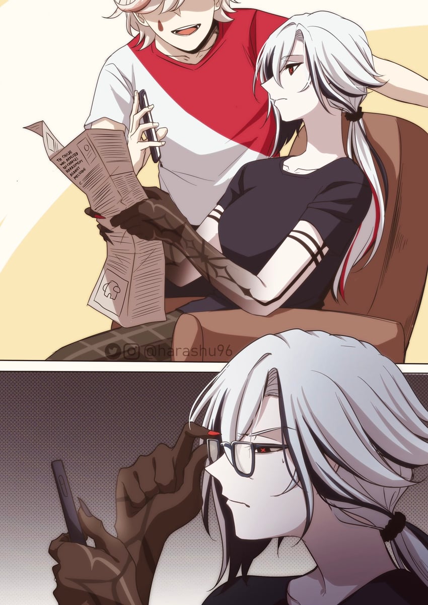 arlecchino, lyney, and crewmate (genshin impact and 1 more) drawn by harashu_(harashu96)
