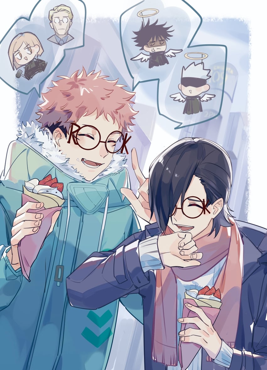 gojou satoru, itadori yuuji, fushiguro megumi, kugisaki nobara, nanami kento, and 1 more (jujutsu kaisen) drawn by frogima