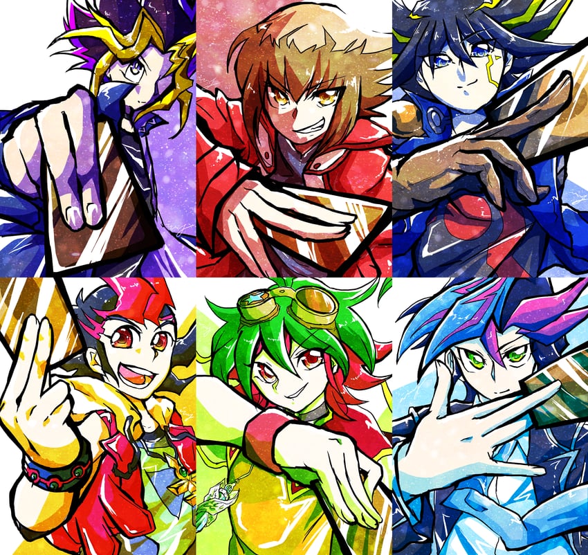 yuki judai, fudo yusei, muto yugi, sakaki yuya, fujiki yusaku, and 1 more (yu-gi-oh! and 6 more) drawn by tutaivy