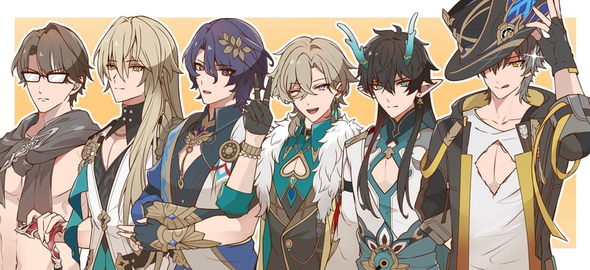 trailblazer, caelus, aventurine, dan heng, dr. ratio, and 2 more (honkai and 1 more) drawn by tuinteojisan