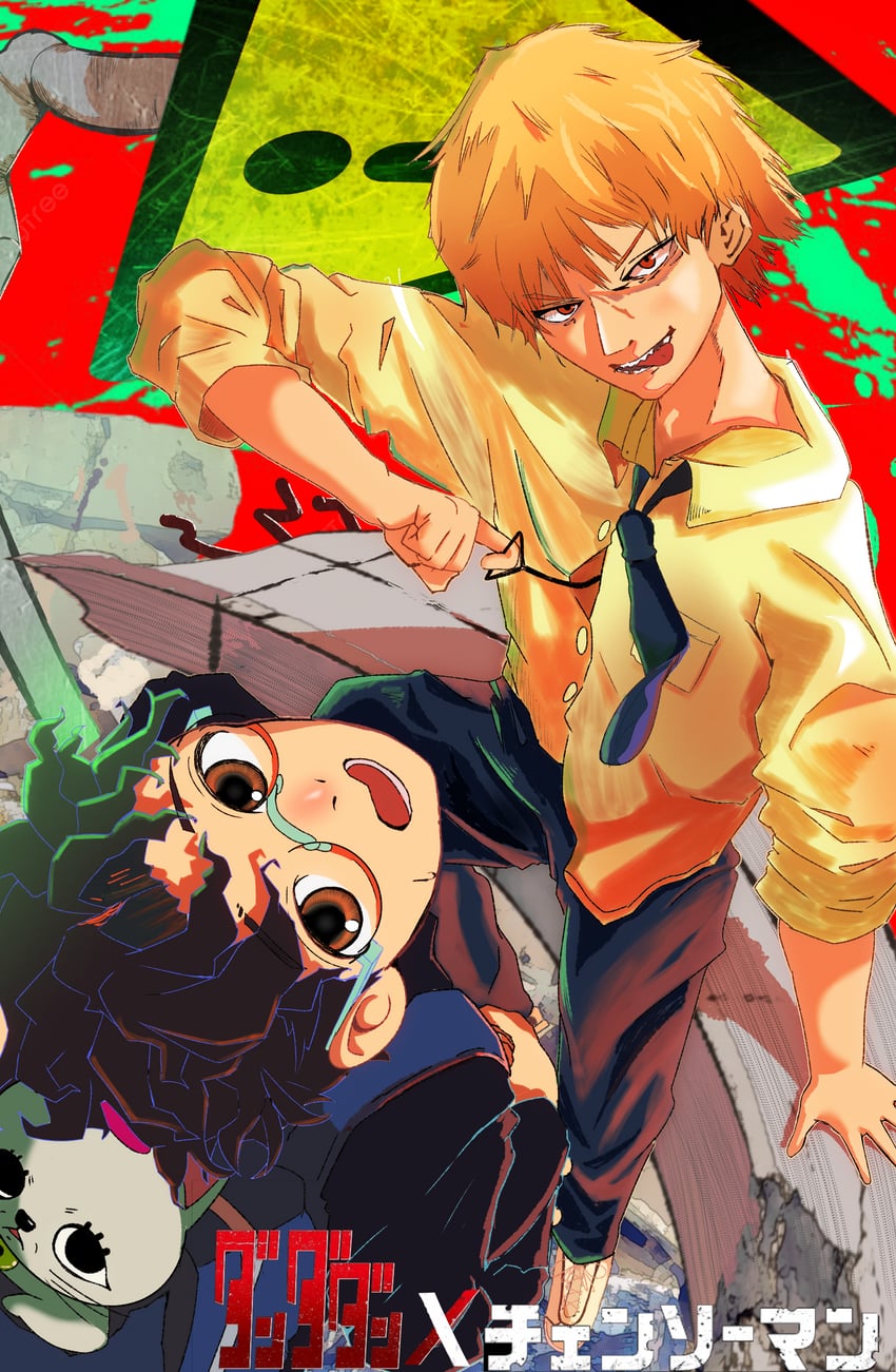 denji, takakura ken, and turbo granny (chainsaw man and 1 more) drawn by yossie_slime