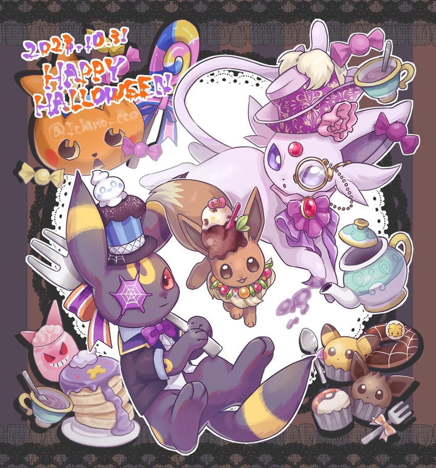 pikachu, eevee, umbreon, gengar, espeon, and 3 more (pokemon) drawn by ichino_cco