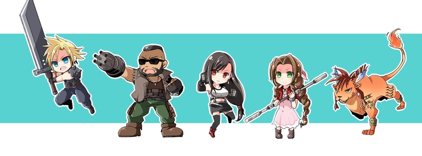 tifa lockhart, cloud strife, aerith gainsborough, barret wallace, and red xiii (final fantasy and 2 more) drawn by nanao_(zonzonsh)