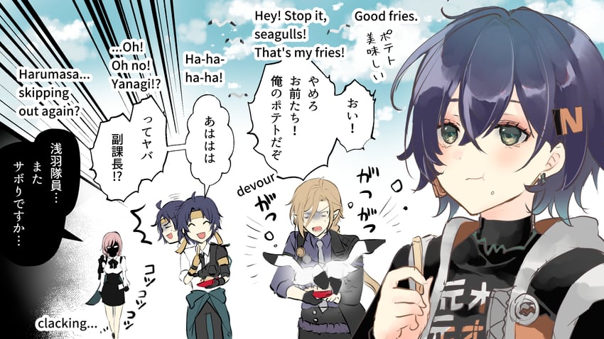 belle, tsukishiro yanagi, asaba harumasa, and hugo vlad (zenless zone zero) drawn by komesiwo_syumi