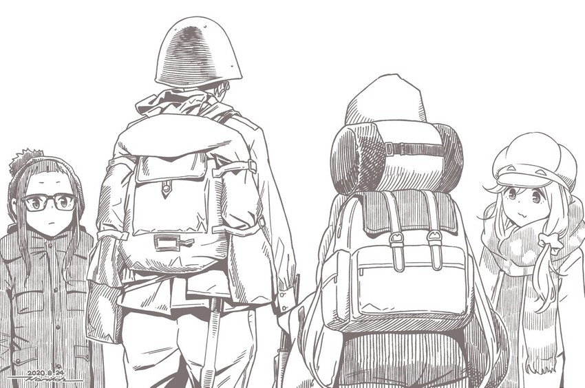 kagamihara nadeshiko, inuyama aoi, and oogaki chiaki (yurucamp) drawn by horikou