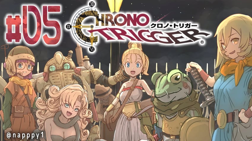 nui sociere, lucca ashtear, crono, marle, ayla, and 3 more (nijisanji and 1 more) drawn by na_(zooncopter)