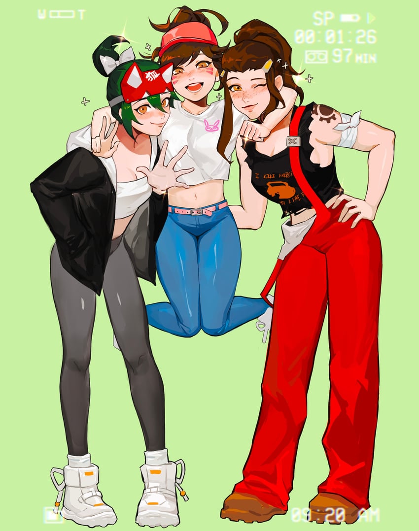 d.va, kiriko, and brigitte (overwatch and 1 more) drawn by yshua