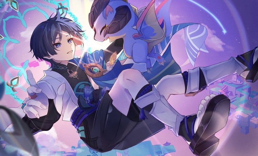scaramouche, wanderer, and mini durin (genshin impact) drawn by sien1009