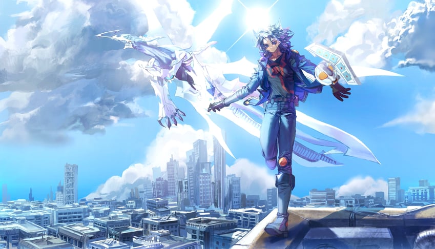 fudo yusei and shooting quasar dragon (yu-gi-oh! and 1 more) drawn by momentcorefly