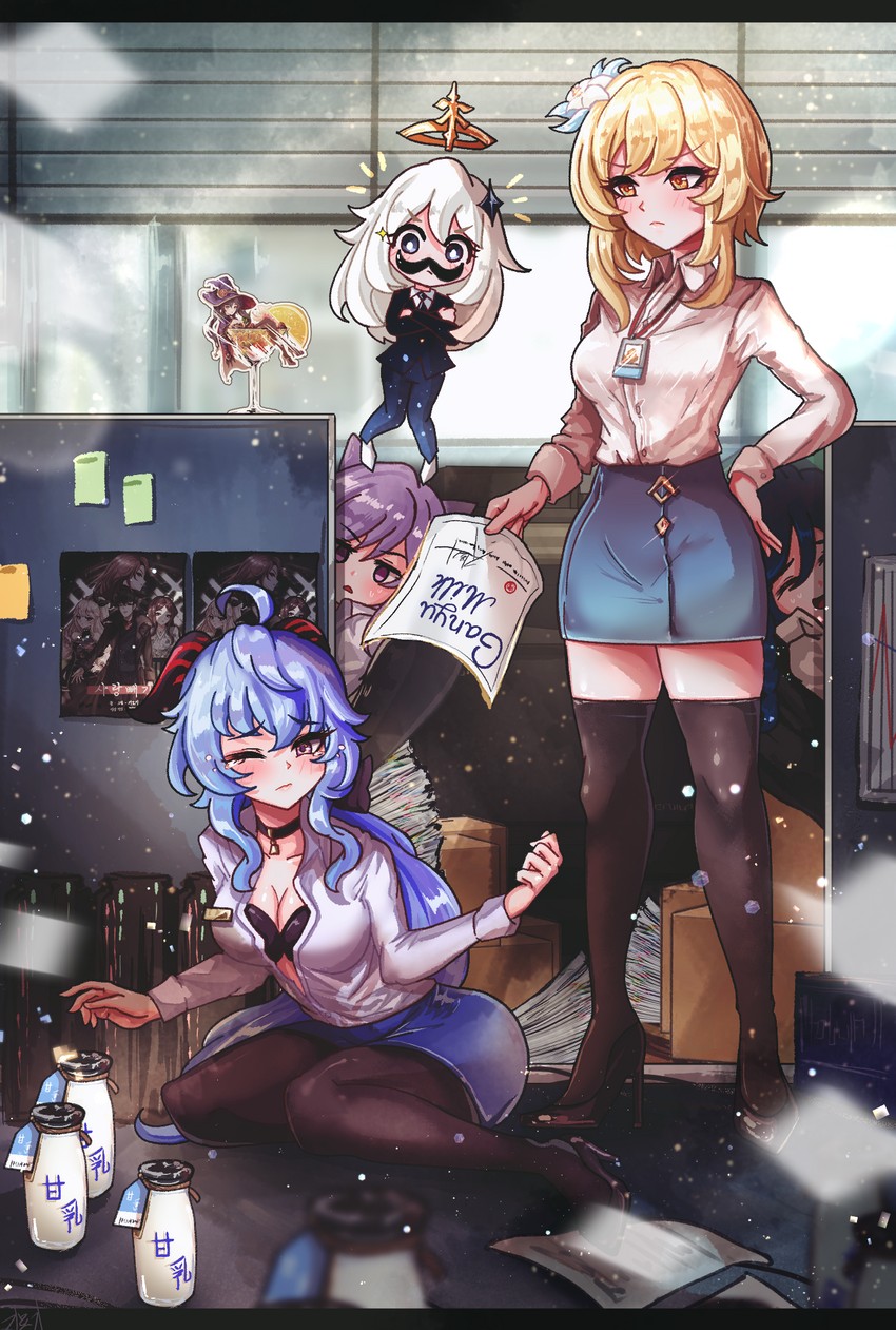 ganyu, lumine, mona, keqing, and paimon (genshin impact) drawn by gimyogi