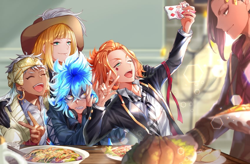 idia shroud, jamil viper, kalim al-asim, rook hunt, and cater diamond (twisted wonderland) drawn by mitsunari_miyako