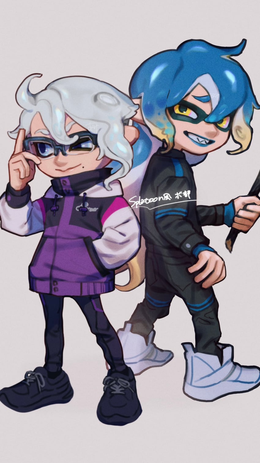 inkling player character, octoling player character, inkling boy, octoling boy, azul ashengrotto, and 1 more (splatoon and 1 more) drawn by ake_karashi
