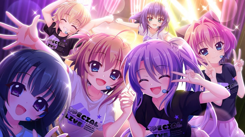 shikimiya mana, tsukisaka sayu, hiiragi kae, hasegawa mii, honjou kasumi, and 1 more (re:stage!) drawn by izumi_tsubasu