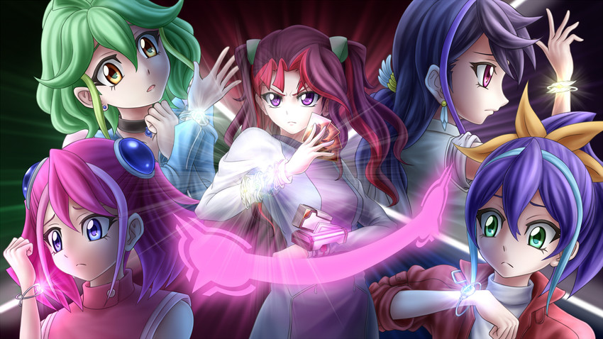hiiragi yuzu, serena, kurosaki ruri, bracelet girls, rin, and 1 more (yu-gi-oh! and 1 more) drawn by gouyokunahimaji